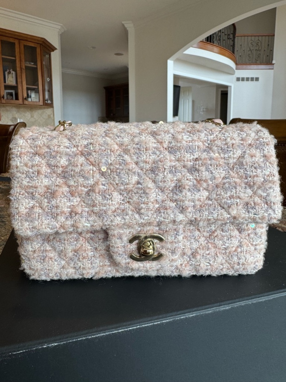 CHANEL Pink Tweed Mini Classic bag with Gold Hardware